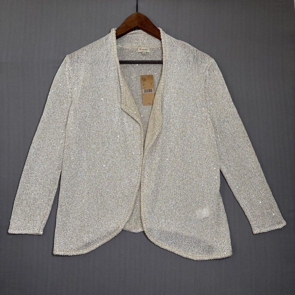 Cremieux Brianna Cardigan Medium Ivory Open Front Knit Sweater Shimmer Metallic